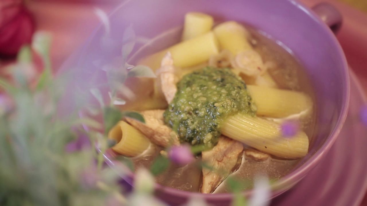 Soup with pasta and pesto