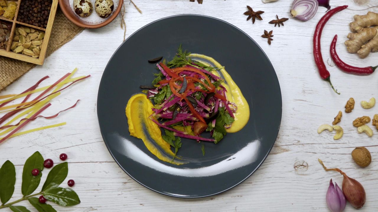 Salad with pumpkin and pineapple sauces