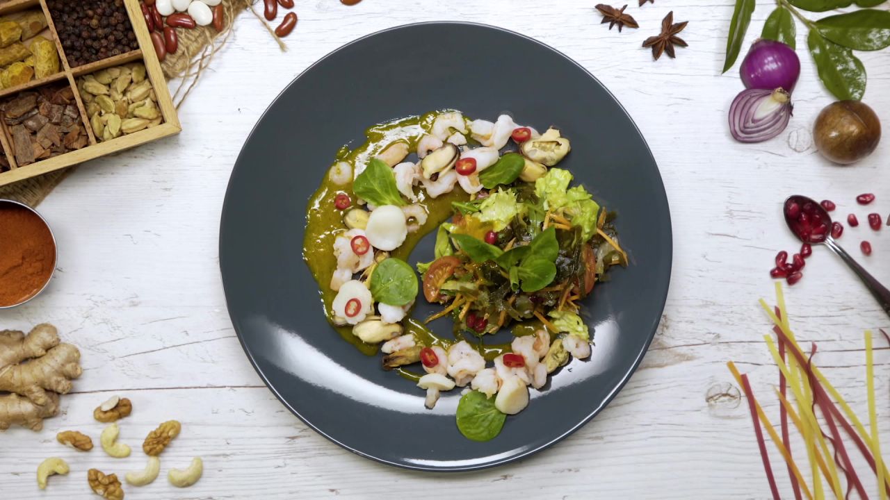 Salad with seafood and sea cabbage