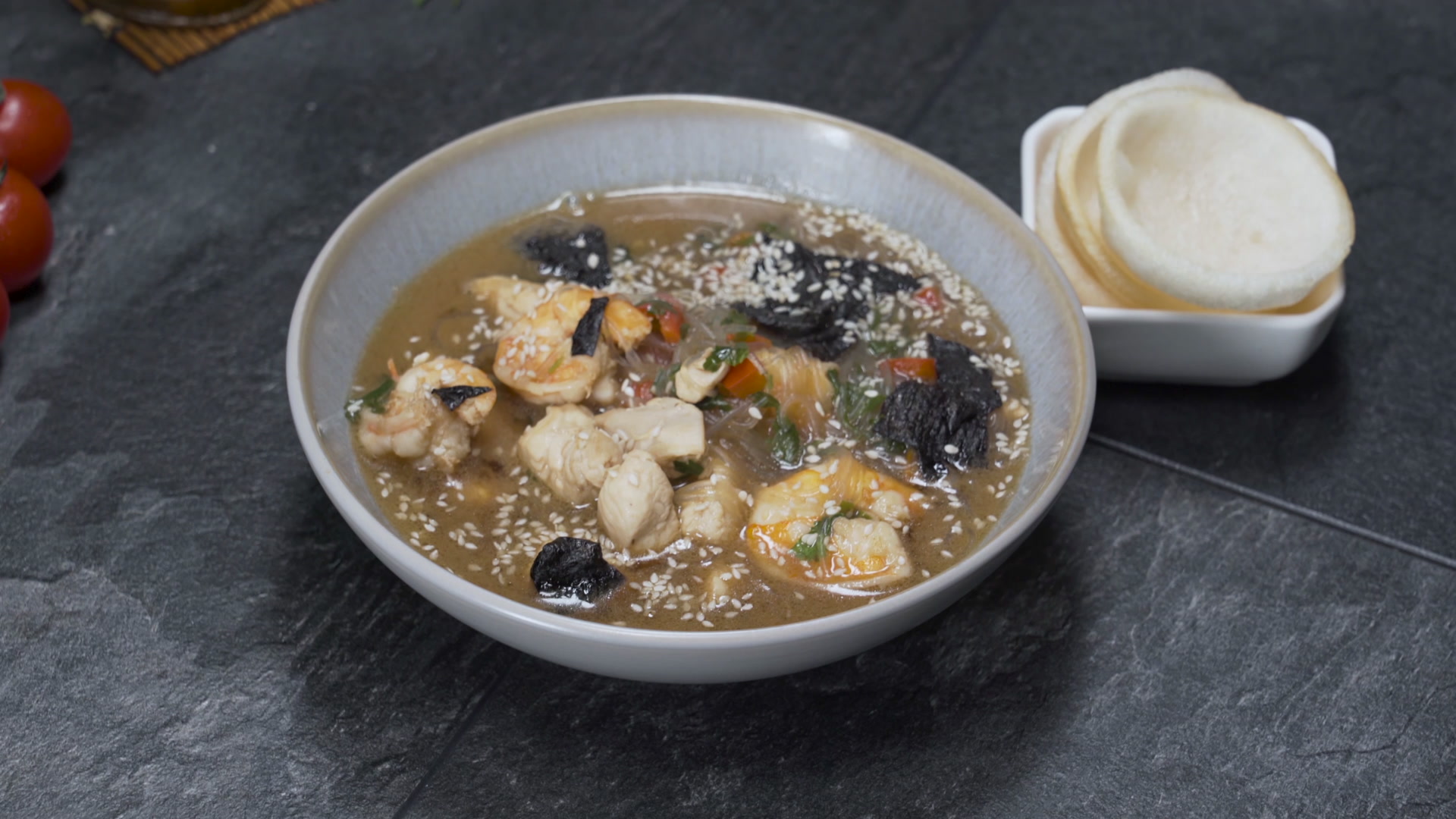 Miso soup with chicken and shrimp