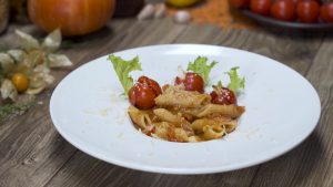 Penne arrabiata with grilled cherry tomatoes